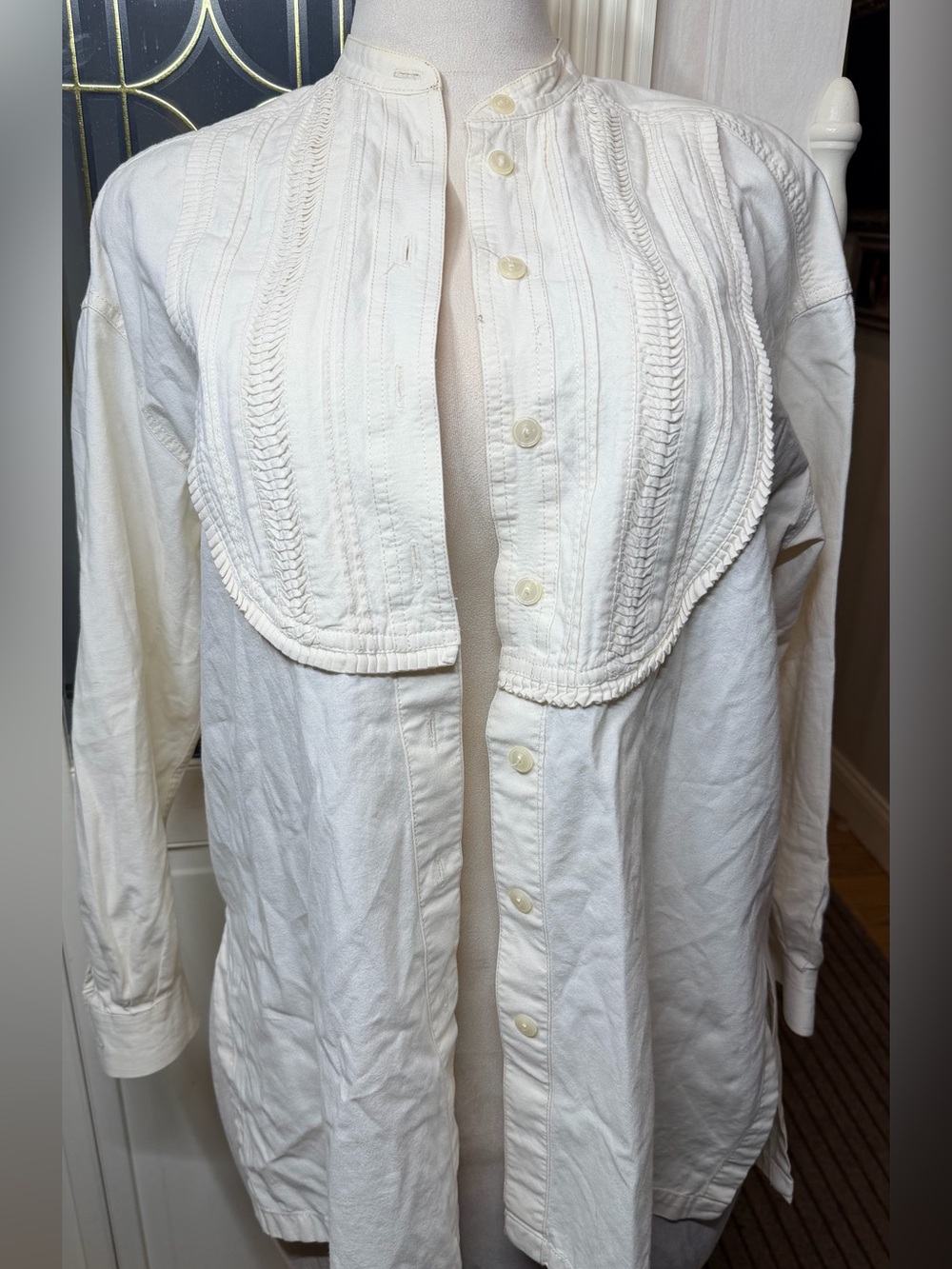 Vintage 90s Liz Claiborne LizWear White Cotton Pintuck Tuxedo Bib Tunic Shirt